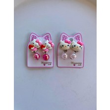 Kız Çocuk Hello Kitty Figürlü Arkası Sıkıştırmalı Delik Olmayan Kulaklar Için Boncuklu Küpe (2 Çift)