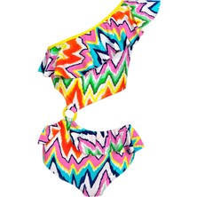 Look Me Tek Omuz Zig-Zag Desenli Cut-Out Halka Detaylı 50UV Kız Çocuk Mayo By Nessi Byrd