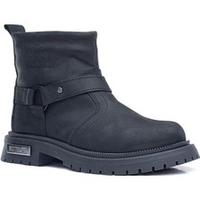 Gerçek Kürklü Hakiki Deri Siyah Nubuk Metal Detaylı Fermuarlı Çocuk Bot