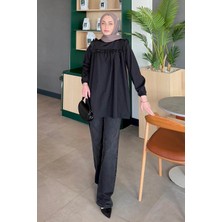 Bisiklet Yaka Omuz Fırfırlı Tunik Siyah