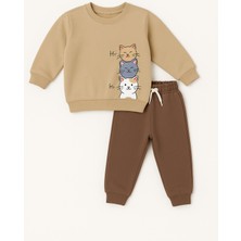 Çocuk Kedi Baskılı Eşofman Takımı Bej