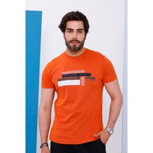 Erkek Kiremit Bisiklet Yaka Baskılı T-Shirt - 170