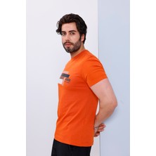 Erkek Kiremit Bisiklet Yaka Baskılı T-Shirt - 170