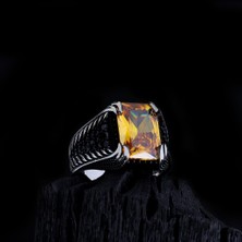 925 Ayar Gümüş Sarı Zirkon Taşlı Yanı Mikro Model Erkek Yüzük