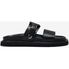 Siyah Cilt Kalın Bantlı Tek Toka Detaylı Kadın Terlik