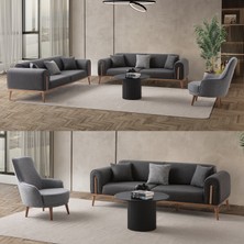 Edsy Home Riva Modern Koltuk Takımı Antrasit 3+3+1 Orta Sert Keten Ahşap Ayak 224 cm