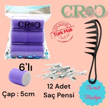 Croc 1203 Cırtlı Sünger Bigudi Mor 6lı Çap 5cm + 12'li Alüminyum Saç Pensi