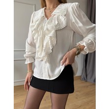 Ekru Fırfırlı Fistolu Bluz