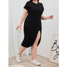 Arben Boutique Kadın Büyük Beden Kısa Kollu Yanı Yırtmaçlı Bisiklet Yaka Viskon Elbise