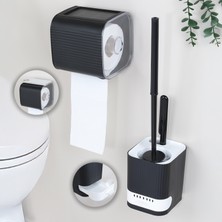 2 Parça Banyo Seti - Yapışkanlı Tuvalet Kağıtlığı Hazneli Banyo Temizlik Tuvalet Fırçası Siyah