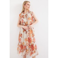 Arben Boutique 2503 Desenli Sıfır Kol Şifon Elbise - Kiremit