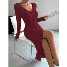 Arben Boutique Kadın Uzun Kollu V Yakalı Önden Düğmeli Şardonlu Kaşkorse Elbise