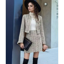 Arben Boutique Kadın Uzun Kollu Önü Açık Düğme Detaylı Dokuma Ceket Etek Ikili Takım