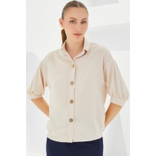 Arben Boutique Krem Kısa Kol Oversize Keten Gömlek 20240