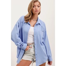 Arben Boutique 20153 Tek Cepli Oversize Keten Gömlek - Mavi