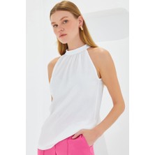 Arben Boutique 0489 Halter Yaka Örme Bluz - Beyaz