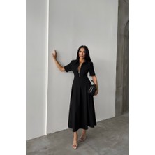 Arben Boutique Polyviskon Elbise Kısa Kol Yaka ve Fermuar Detaylı - Siyah