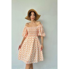 Arben Boutique Oranj Kare Desenli Yazlık Elbise