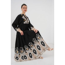 Arben Boutique 2423 Otantik Desenli Tesettür Elbise - Siyah 6
