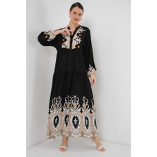 Arben Boutique 2423 Otantik Desenli Tesettür Elbise - Siyah 6