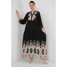 Arben Boutique 2423 Otantik Desenli Tesettür Elbise - Siyah 6