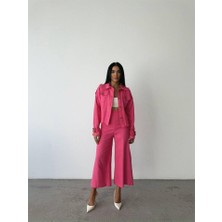 Arben Boutique Keten Püskül Detaylı Gömlek-Pantolon Takım - Fuşya