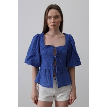 Arben Boutique Kare Yaka Balon Kol Bluz - Mavi