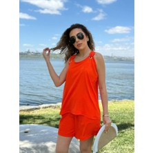 Arben Boutique Kadın Kolsuz V Yaka Kuş Gözü Detay Bluz Short Aerobin Ikili Takım