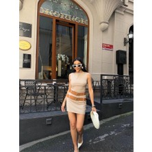Arben Boutique Polyviscon Çift Kemer Detaylı Elbise - Bej