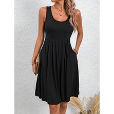 Arben Boutique Kadın Askılı Yuvarlak Yaka Önden Pileli Viskon Elbise