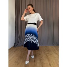 Lacivert Zikzak Desenli Piliseli Etek