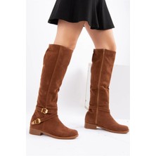 E726203402 Taba/altın Süet Alçak Topuklu Kadın Çizme