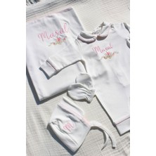 Kız Bebek Çiçekli Isimli Hastane Çıkışı 4'lü Set | Nakışlı %100 Pamuk Tulum Battaniye Şapka Eldiven
