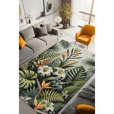 The Reef Design Yeşil Yapraklı Dekoratif Yıkanabilir Mutfak Halısı Art Deko Yaprak Desenli Kaymaz Tabanlı Dijital Baskılı Oturma Odası Halısı