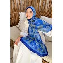 Lamelif Saks Mavisi Çiçek Desenli Pamuk Şal 70 x 180 cm Kadınlar İçin Şık Tasarım