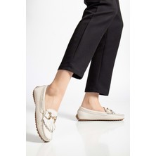 Kadın Hakiki Deri Tokalı Klasik Loafer - Krem