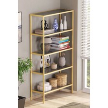 Modern 5 Katlı Gold Renk Metal Iskeletli Füme Cam Raflı Aksesuar Rafı Kitaplık