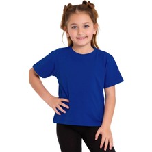 Bisiklet Yaka Kısa Kol Baskısız Saks Renk Kız Çocuk Tshirt
