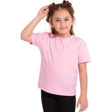 Bisiklet Yaka Kısa Kol Baskısız Pembe Renk Kız Çocuk Tshirt
