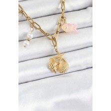 316L Çelik Gold Renk Deniz Yıldızı ve Deniz Kabuğu Konsept Kadın Kolye