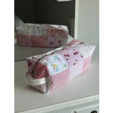 Baby Kangaroo  Pamuklu Pembe Patchwork Saç Şekillendirici Çantası | Kozmetik & Seyahat Organizer | 35X14X12 cm