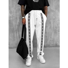 Erkek Şeritli Etnik Desenli Rahat Baggy Fit Eşofman Beyaz
