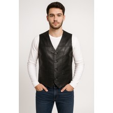 AsyaClub Texas Hakiki Deri Erkek Siyah Punto Dikişli Yelek