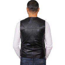 AsyaClub Texas Hakiki Deri Erkek Siyah Punto Dikişli Yelek