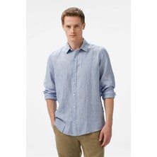 Nautica Erkek Mavi Classic Fit Çizgili Keten Gömlek W55434T.4FS