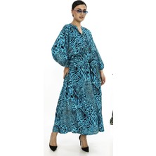 Büyük Beden Leopar Desenli Yazlık Pamuklu Viskon Kumaş Balon Kol Tesettür Elbise