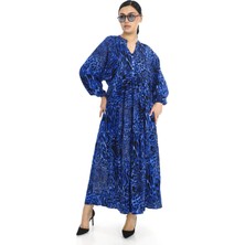 Büyük Beden Leopar Desenli Yazlık Pamuklu Viskon Kumaş Balon Kol Tesettür Elbise