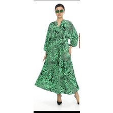 Büyük Beden Leopar Desenli Yazlık Pamuklu Viskon Kumaş Balon Kol Tesettür Elbise