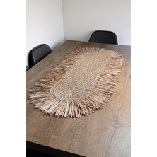 Doryan Home Scandinavian - Kağıt Raffia Örgü Püsküllü Saçaklı Oval Dekoratif Runner - 112x55cm Sütlü Kahve