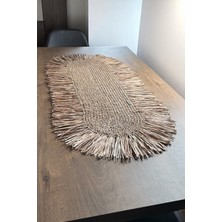Doryan Home Scandinavian - Kağıt Raffia Örgü Püsküllü Saçaklı Oval Dekoratif Runner - 112x55cm Sütlü Kahve
